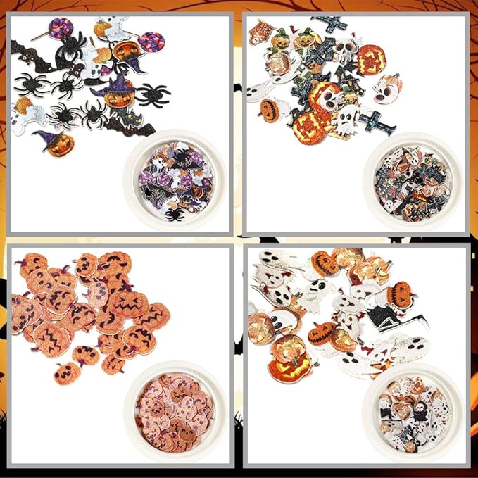 Kalolary 8 Boxes Halloween Nail Art Sequins 3D Nail Art Decals Stickers, Halloween Pumpkin Witch Bat Nail Arts Decals Manicure DIY Decoration Tools