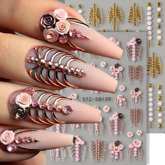 2PCS Halloween Nail Art Stickers Decals 5D Embossed Skeleton Bones Nail Stickers Horror Gold Rose Gold Skull Rose Designs Halloween Nail Art Supplies Gothic Adhesive Sliders for Women DIY Manicure