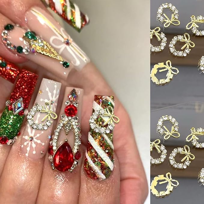 15Pcs Christmas Nail Charms for Nails Art Bling Xmas Trees Nail Rhinestones Luxury Metal Gift Bell Apple Nail Art Charms Design 3D Alloy Nail Jewelry Silver Green Red Nail Gems for Women Winter DIY