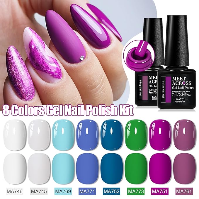 MEET ACROSS 1 Step Gel Polish Set Nail Art Manicure 3 in 1 Gel Kit Soak Off LED Gel Nail Varnishes No Need base gel top coat (Set-4, 8PCS)