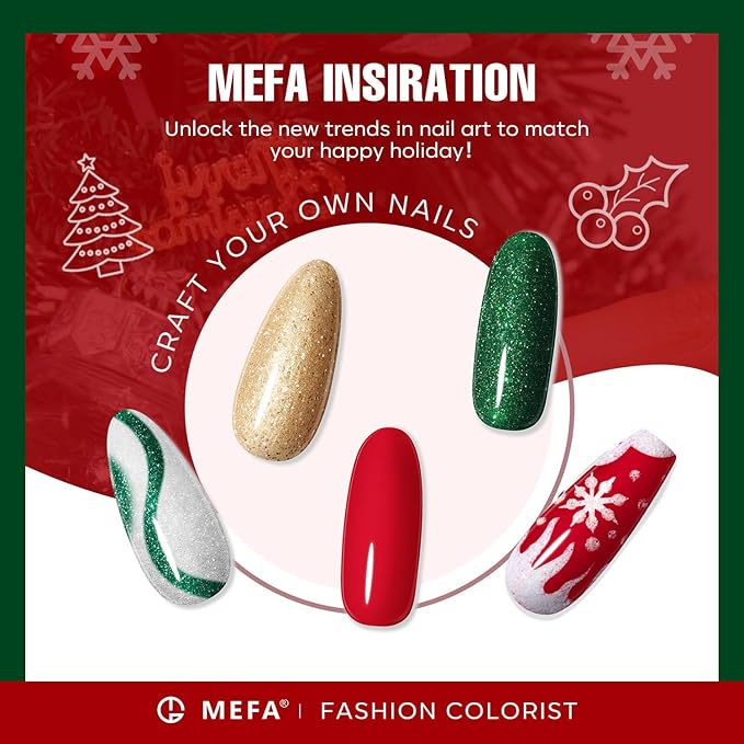 MEFA Christmas Gel Nail Polish Set, 6 Colors Burgundy Red Dark Green Glitter Gel Polish Silver Gold Sparkle Nail Polish Manicure Soak Off Salon Gifts for Women Girl