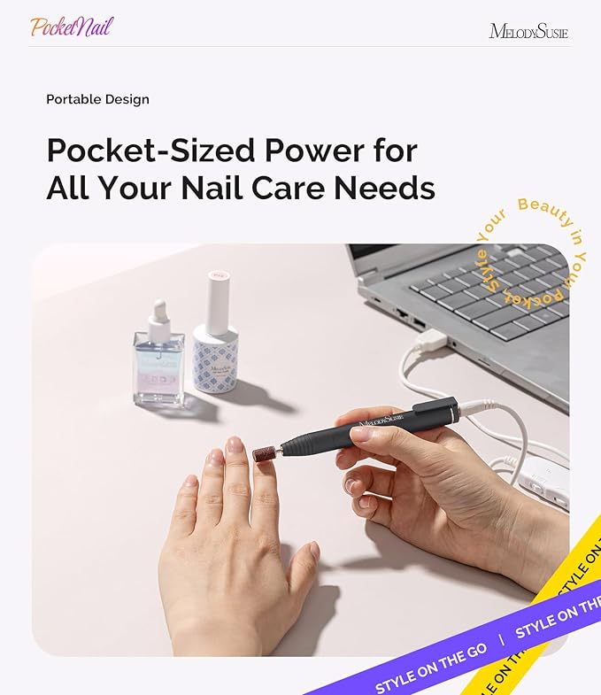 MelodySusie PocketNail Slim Ergonomic Pen-Shaped USB Nail Drill, PC100G 20000RPM Portable Electric File for All Manicure, Pedicure Nail Care, Shaping & Gel Removal at Home for Beginners