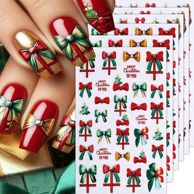 6Pcs Christmas Nail Stickers Red Green Bow Nail Decals DIY Self Adhesive Christmas Tree Poinsettia Group Snowman Cute Design Nail Decoration Supplies Holiday Manicure Accessories for Women Girls