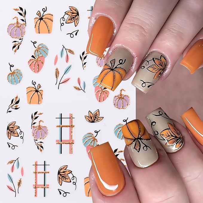 8 Sheets Fall Nail Art Stickers Autumn Maple Leaf Pumpkin Nail Sticker 3D Self-Adhesive Nail Decals Gold Glitter Plaid Pumpkin Nail Designs Thanksgiving Holiday DIY Manicure Decor Sticker for Women