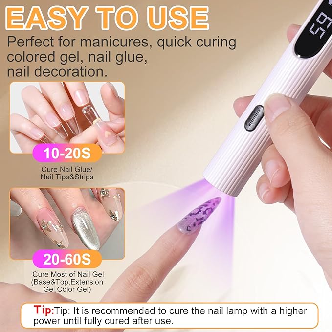 Handheld UV Light for Gel Nails, Nude Pink Gel Light for Nails Cordless Nail Lamp Rechargeable with Led Display Nail Dryer for Rhinestone Glue Decoration DIY at Home