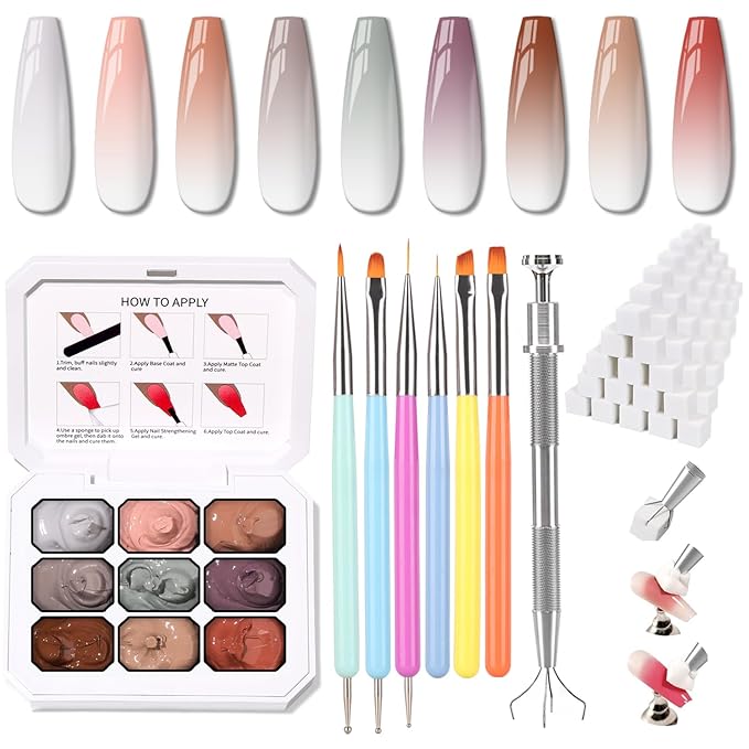 Sponge Pat Paint Nail Gel & Tools Kit, 9 Colors Ombre Nails Gradient Gel Nail Blush Blooming Aura Nails Drawing Stripper Floral Painting Nail Art, No Wipe, UV/LED Curing (9 Colors Set G)