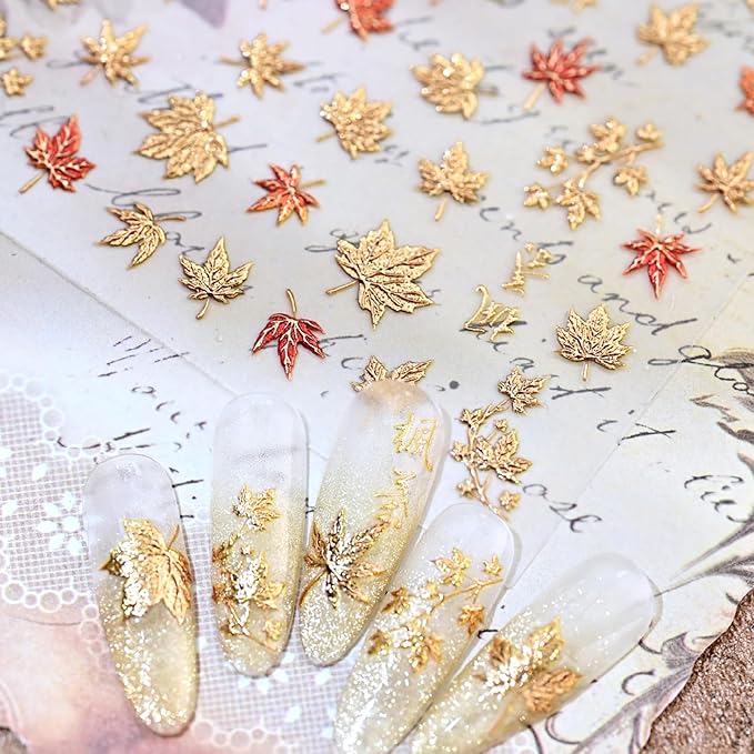5D Embossed Autumn Maple Leaves Nail Art Stickers Decals Self-Adhesive Fall Nail Stickers Shiny Gold Maple Leaf Nails Design Sticker for Autumn Thanksgiving Day Women DIY Manicure Decorations 1Pcs