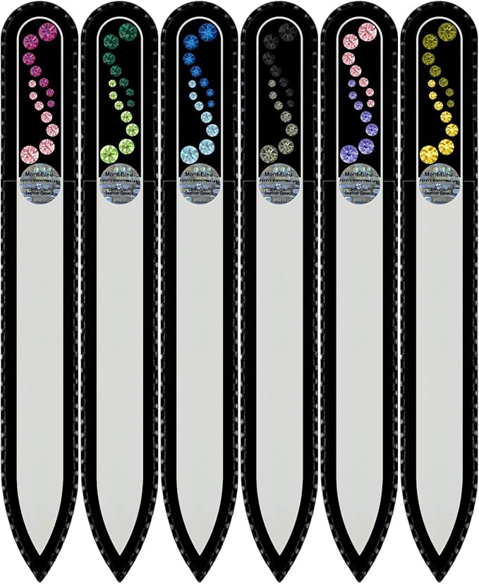 Mont Bleu Gift Set of 5 + 1 Free Glass Nail Files Hand Decorated with Crystals - Handmade - Czech Tempered Glass