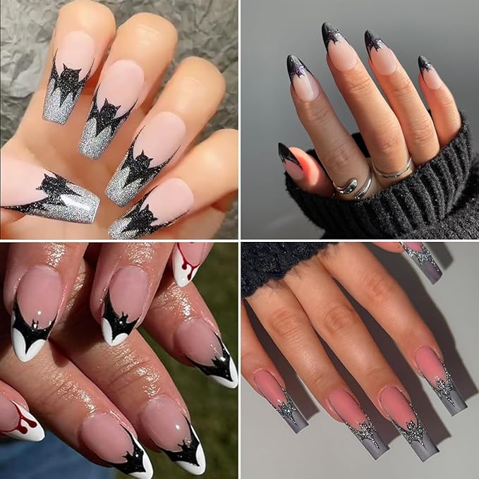 6pcs Bat Halloween Nail Stickers for Nail Art - French Tip Purple and Red Glitter Bat Nail Decals Laser Sparkle Halloween Bat French Design Gothic Punk Nail Accessories Charms Y2K Manicure Decoration