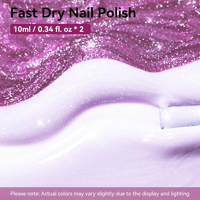 Quick Dry Nail Polish, Mermaid Shimmer Shades Fast Air Dry Fingernail Polish Duo, Non-Gel, Vegan, Long Lasting Lilac Glitter Nail Polish Polish Glossy Nail Art DIY Home Manicure