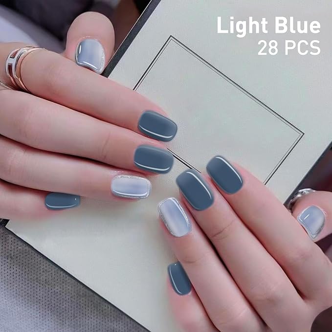 Semi Cured Gel Nail Strips | 28 pcs Gel Nails Strips Work with Any UV Lamps, Long Lasting UV Nail Stickers for Women DIY Nails Wraps(Blue Horizon)
