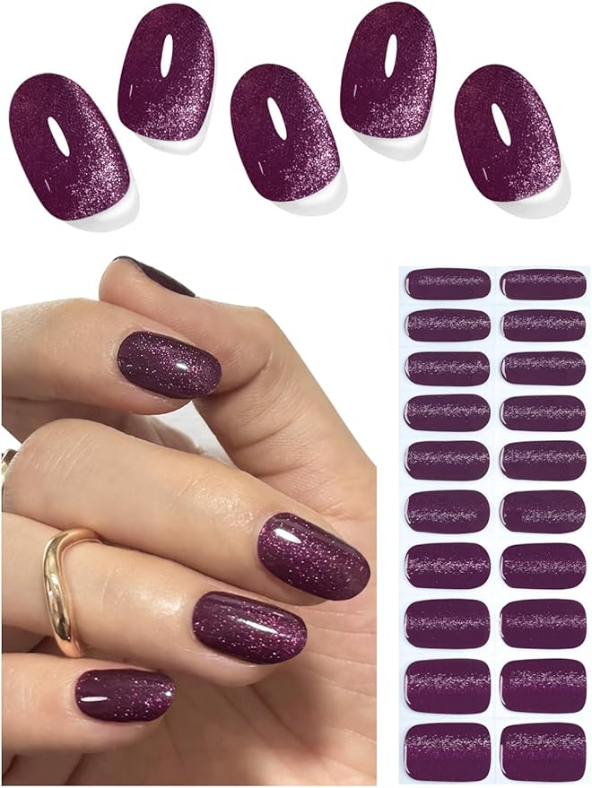 Semi Cured Gel Nail Strips, 20pcs Dark Plum, Cat Eye Stick on Gel Nails for Home Nails DIY