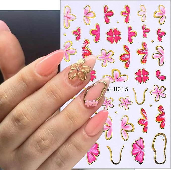 6Pcs Cherry Blossom Nail Art Sticker Decals Gold French Line Design Floral Stickers Flower Nail Stickers Peach Blossom Nails Decals Cute Manicure Decoration for Women DIY Spring Nails Supplies Charms