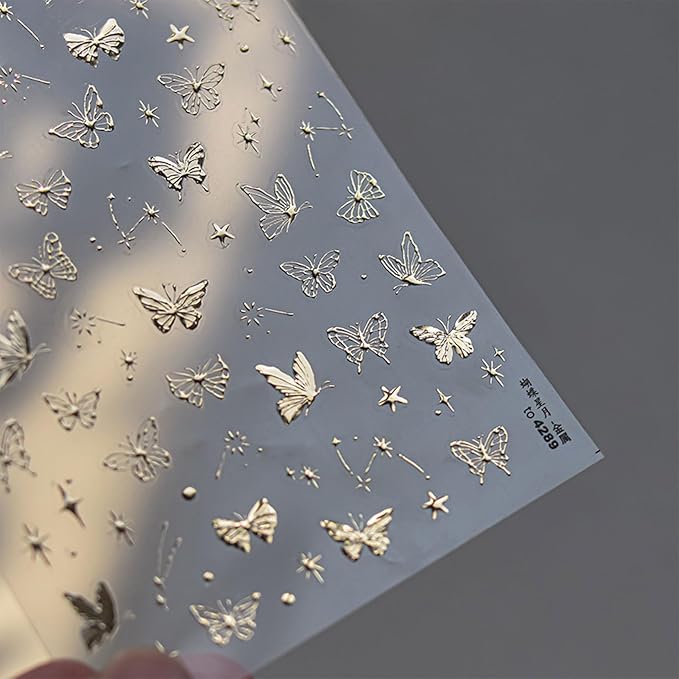 JMEOWIO 3D Embossed Gold Butterfly Nail Art Stickers Decals Self-Adhesive 5D Nail Supplies Nail Art Design Decoration Accessories 1 Sheets