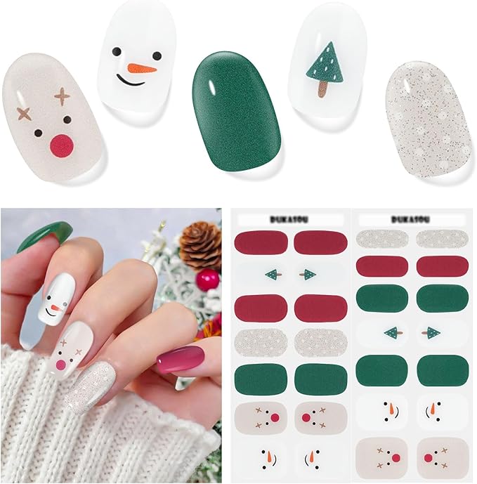 Semi Cured Gel Nail Strips, 28 Pcs Christmas Snowman Gel Nails Stickers, Nail Wraps for Women UV Light Needed