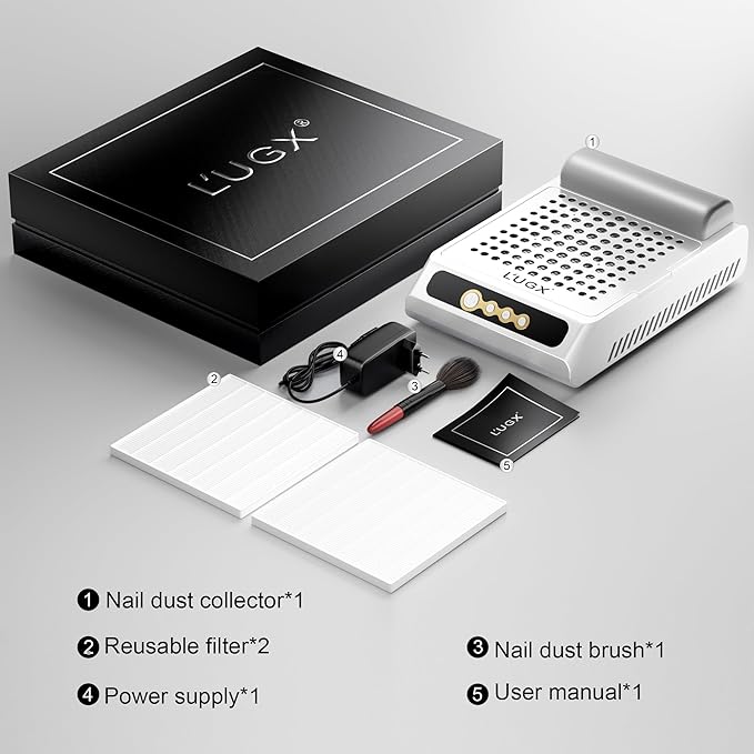 L'UGX Rechargeable Nail Dust Collector, Professional Brushless Turbo Dust Collector Nail Tech, Powerful Dust Suction Machine Manicure Pedicure Tool for Acrylic Nail Polishing, Low Noise, 2Pcs Filters