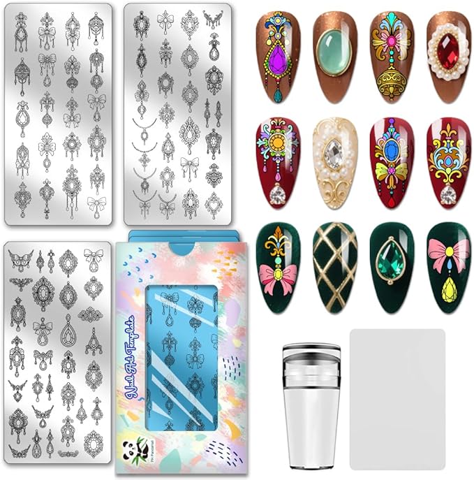 PH PandaHall 3pcs Jewelry Pendant Nail Art Stamping Plate Diamonds Bows Nail Stamper Vintage Jewelry Print Nails Stencils Stainless Steel Nails Image Plates for Manicures Arts Design Salon Printing