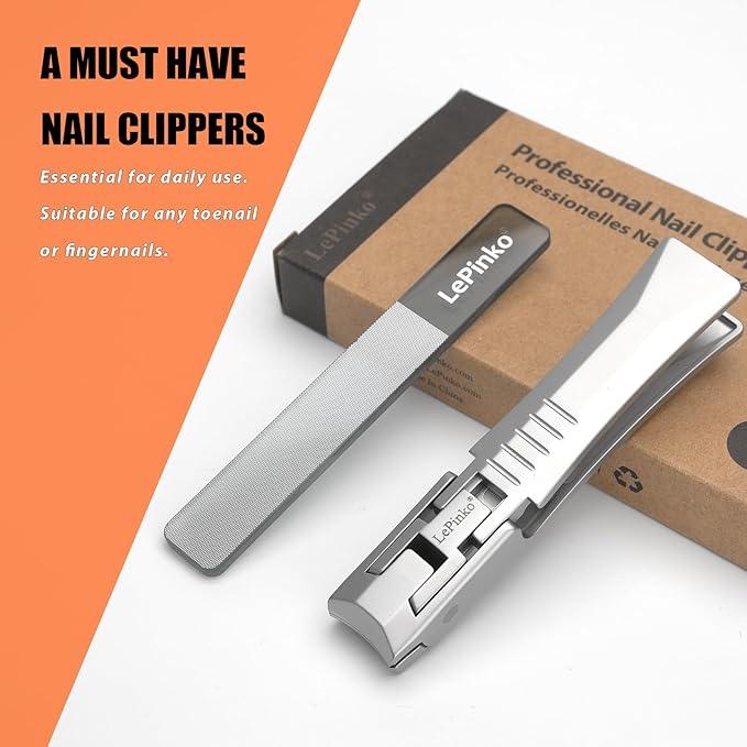 Nail Clipper for Thick Toenails and Fingernails, Portable Toenails Clippers for Seniors, Nail Cutter with Catcher, Nano Glass Nail Buffer, Gifts for Stocking Stuffers Men Women 2PCS