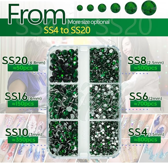2550pcs Emerald Green Nail Art Flatback Rhinestones for Face Makeup Dark Green Nail Gems Gemstones K9 Glass SS4~SS20 6 Sizes Diamonds Stones Crystals w Tweezer & Picking Pen for Nails DIY Craft
