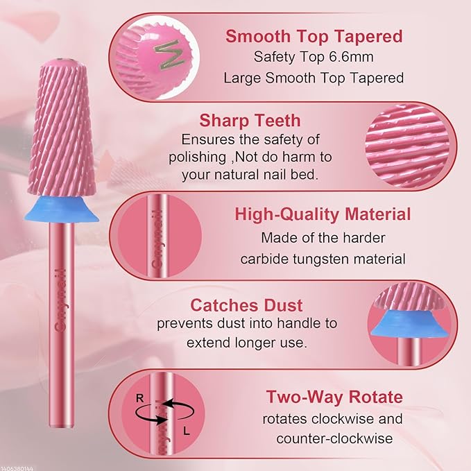 3/32" Large Tapered Smooth Top Bit Tungsten Carbide Nail Drill Bit Safety Bit for Gel & Acrylic Removal, 2- Way Rotating Efile Tip, Salon Electric File Accessory (M Girt, Rose Red)
