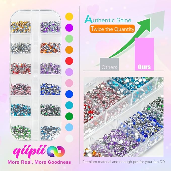 12 Colors 2mm Small Crystal Resin Rhinestones Rainbow Colorful Flatback Tiny Stones Gems Diamonds Crystals Charms for Nails Eyes Face Makeup Crafting Tumblers Bottles DIY Crafts Shoes Clothes