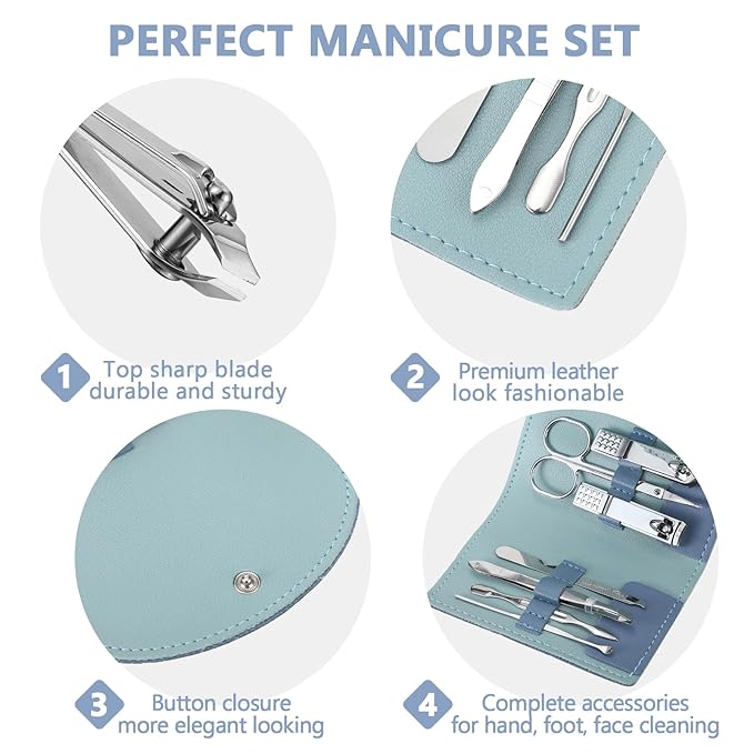 12 Set Manicure Set Bulk Mini Manicure Nail Clipper Kit 7 in 1 Stainless Steel Professional Nail Care Pedicure with Travel Portable Bag Grooming Kits for Christmas Women Men Home(Dark Blue)