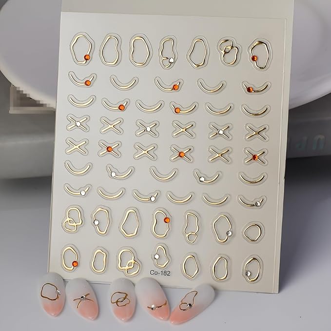 Gold Nail Stickers for Nail Art 5D Self-Adhesive Nail Decals Line Nail Stickers with Rhinestones Design Gold Irregular Nail Art Supplies Decoration Accessories for Women and Girls