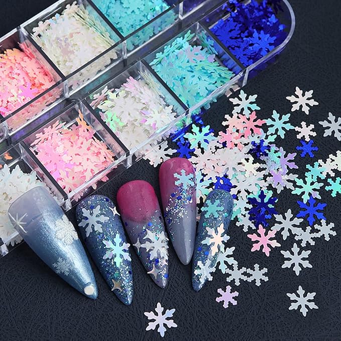 12 Grids 3D Snowflake Nail Glitter Sequins Holographic Laser Snowflake Nail Art Stickers Decals Christmas Nail Glitter Flakes Pink Blue White Snowflake Glitter Xmas Winter Nail Snow Glitter