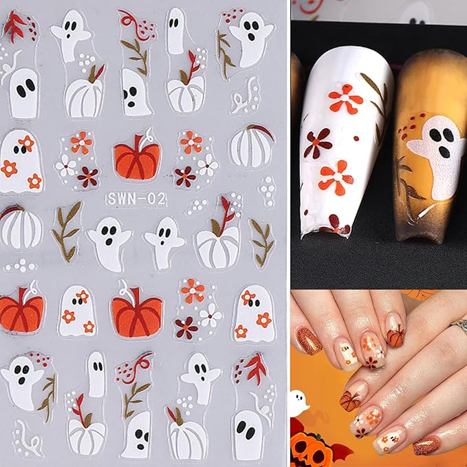 4 Sheets Halloween Nail Art Stickers 5D Embossed Cute Ghost Nail Stickers Black Cat Pumpkin Design Flower Finger Skeleton Nail Decals Nail Art Supplies for Women Acrylic DIY Nail Decorations