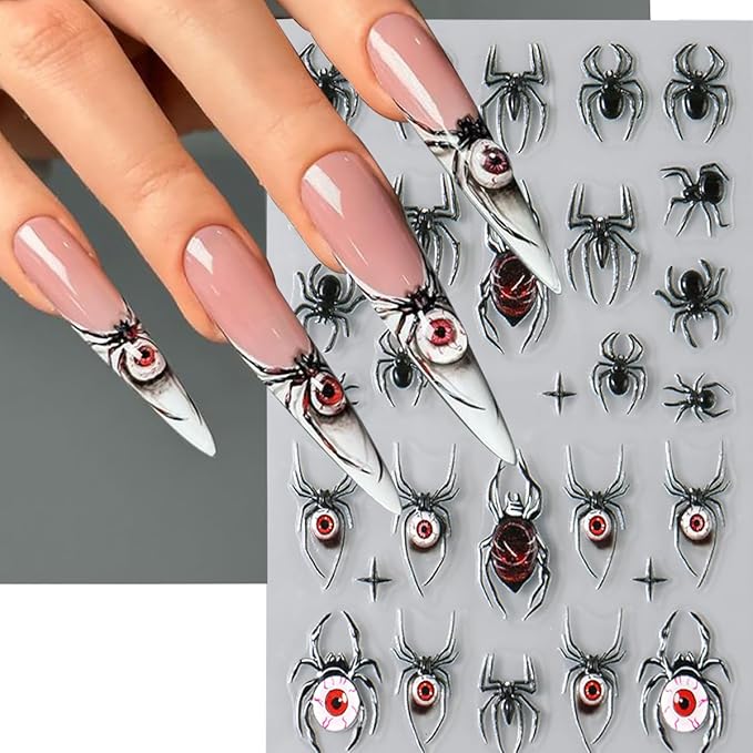 4 Sheets Halloween 5D Embossed Spider Nail Stickers for Nail Art Exquisite Glitter Rhinestones Nail Design Stickers Self-Adhesive Evil Eye Nail Decals Holiday Nail Art Decoration for Women DIY Set