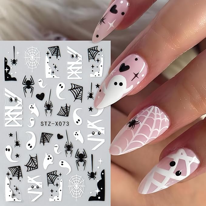 6pcs Ghost Halloween Nails Stickers with Tweezers Heart Spider Web Blood Dripping Spiders Boo Cute Ghost Goth Nails Decals Halloween Art Party Nail Supplies for Women DIY Nail Charms Decorations