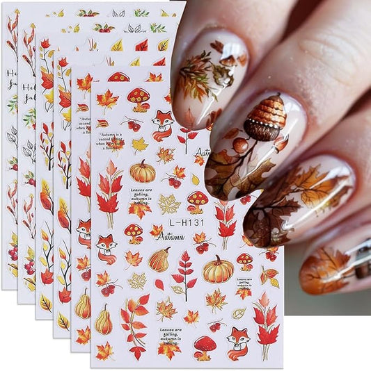 Fall Nail Art Stickers Autumn Maple Leaf Nail Decals 6PCS Fallen Leaf Pumpkins Foxes Pinecone Fall Nails Design Adhesive Stickers Nail Art Supplies for Thanksgiving Day Women Manicure Nail Decorations