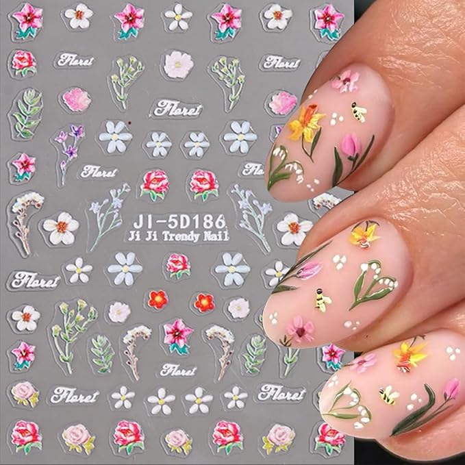 3Pcs Colorful Flower Nail Art Stickers 5D Self Adhesive Floral Nail Decals Embossed Daisy Nail Stickers Tulip Rose Nail Design Supplies Spring Summer Decoration Accessories for Women DIY Manicure