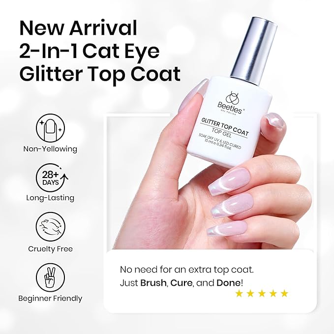 Beetles Cat Eye Gel Top Coat，2 in 1 Top Coat Gel Nail Polish & Cat Eye Magnetic Effect No Wipe - Shine Finish and Long Lasting, Soak Off LED Nail Lamp Nail Art Design Manicure Diy at Home