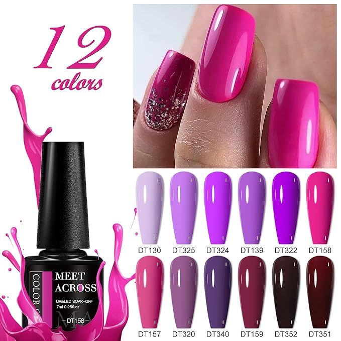 MEET ACROSS 12PCS Gel Nail Polish Set, 12 Colors Gel Nail Kit Art Design Soak Off UV LED,Nail Art Design Gifts for Women (SET-2, 12PCS)