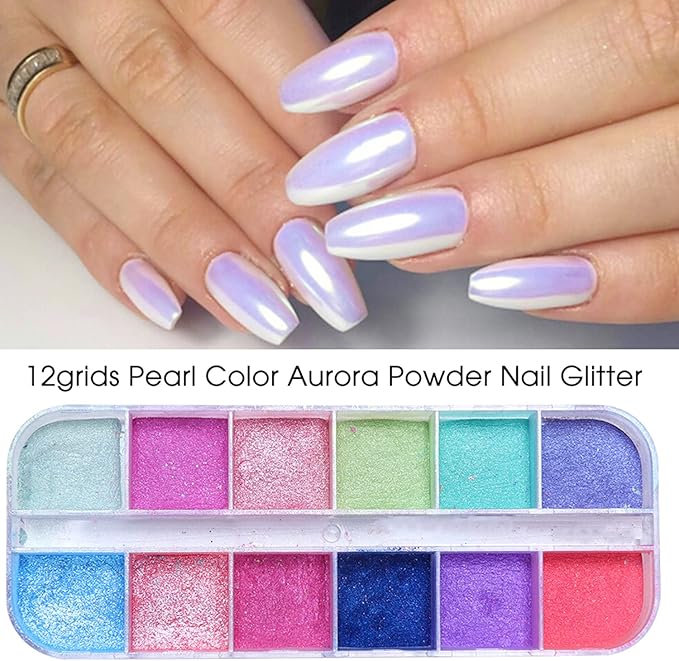 12 Colors Nail Powder Holographic Pearl Color Aurora Pigment Nail Art Glitter Dust Design Women Girls Manicure Tips Charms Decoration 3D Nails Supplies for Nail Art Gel Polish Dipping Liquid Powders