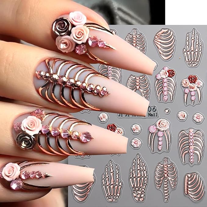 3Sheets Halloween Nail Art Stickers 5D Embossed Skeleton Nail Decals with Rose Flower Design Nail Stickers Self-Adhesive Skull Hand Bones Nail Decal Gothic Nail Sticker for Women DIY Nails Decoration