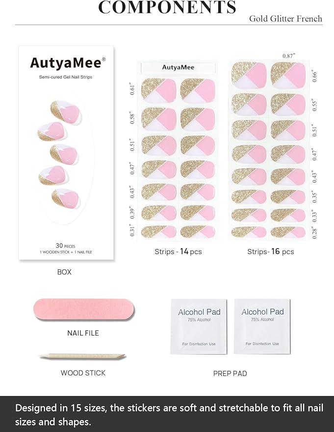 Semi Cured Gel Nail Strips (Gold Glitter French), White, 30 Pcs Gel Nail Wraps, Stickers, UV Light Required