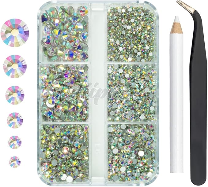 2550pcs Crystal AB Nail Art Flatback Rhinestones Charms for Face Makeup, White AB Nail Gems Gemstones K9 Glass SS4SS20 6 Sizes Bling AB Iridescent Diamonds Stones Jewels for DIY Crafts