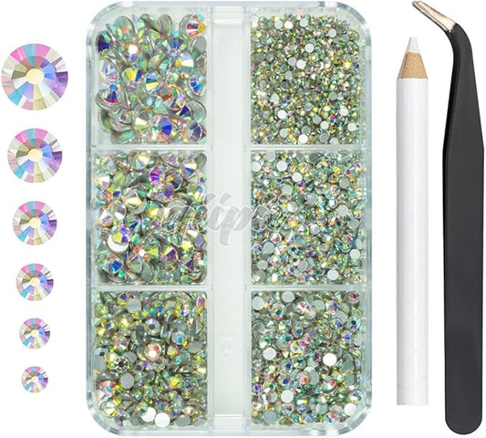 2550pcs Crystal AB Nail Art Flatback Rhinestones Charms for Face Makeup, White AB Nail Gems Gemstones K9 Glass SS4SS20 6 Sizes Bling AB Iridescent Diamonds Stones Jewels for DIY Crafts