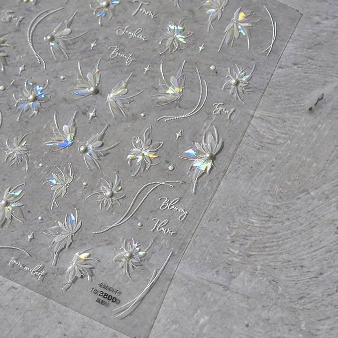 1 Sheet Shell Light Flower Nail Sticker with Rhinestone Design, White Line Nail Decals, 5D Embossed Self-Adhesive Nail Design Stickers for Women Daily DIY Manicure Decoration Supplies