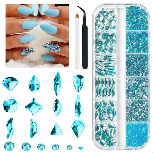 2052Pcs Aquamarine Nail Rhinestones Water Blue Stones for Nails 72 Multi Shapes Big Gems +1980 Flatback Round Beads K9 Glass Lakeblue Crystals Diamonds Jewels Nail Charms Art for Face Makeup