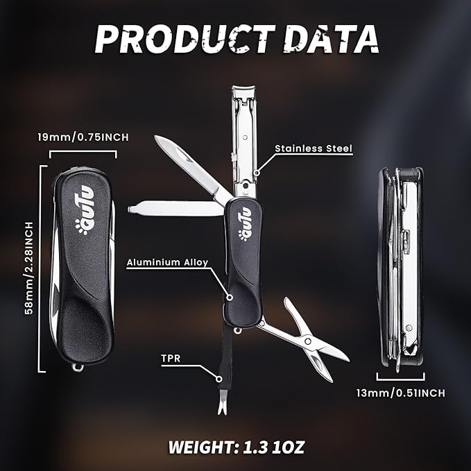 OUTU Keychain Nail Clippers Multitool, 7 in 1 EDC Utility Tool with Nail Clipper, Scissors, Gifts for Him Men Husband Dad Boyfriend (Black)