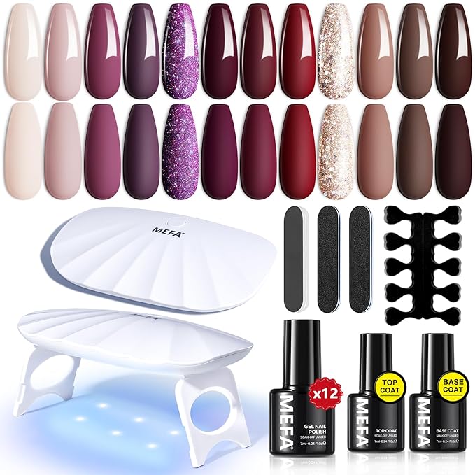 MEFA 19 Pcs Gel Nail Polish Kit with U V Light, 12 Colors Fall Gel Nail Polish Set Burgundy Red Champagne Gold Glitter Soak Off Purple Manicure Tools Beginners Salon Art Nails Art DIY for Women