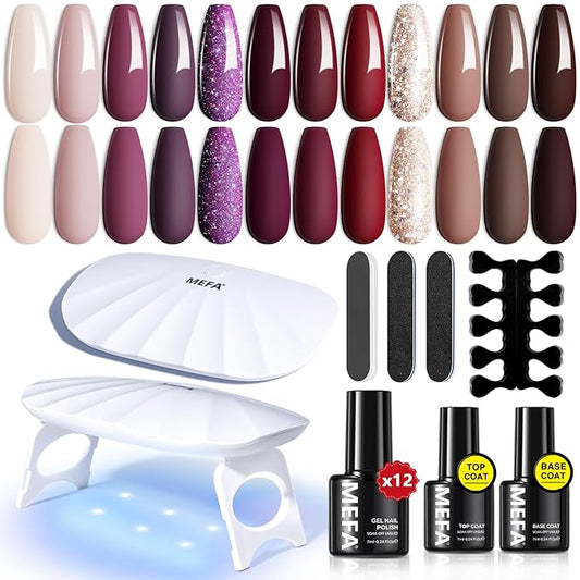 MEFA 19 Pcs Gel Nail Polish Kit with U V Light, 12 Colors Fall Gel Nail Polish Set Burgundy Red Champagne Gold Glitter Soak Off Purple Manicure Tools Beginners Salon Art Nails Art DIY for Women