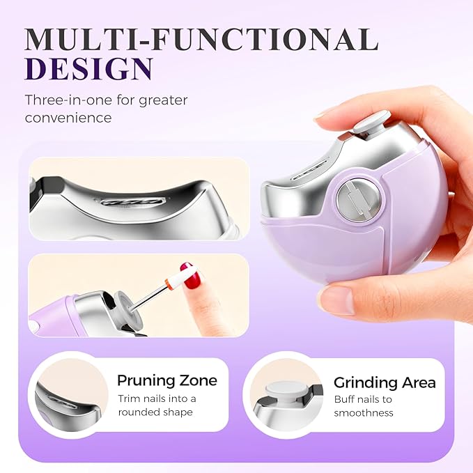 3 in 1 Electric Polishing Automatic Nail Clippers, 2025 New Electric Nail Clipper for Baby Adults, Rechargeable Electric Toenail Clippers for Seniors, Smart Nail Trimmer Kits (Purple)