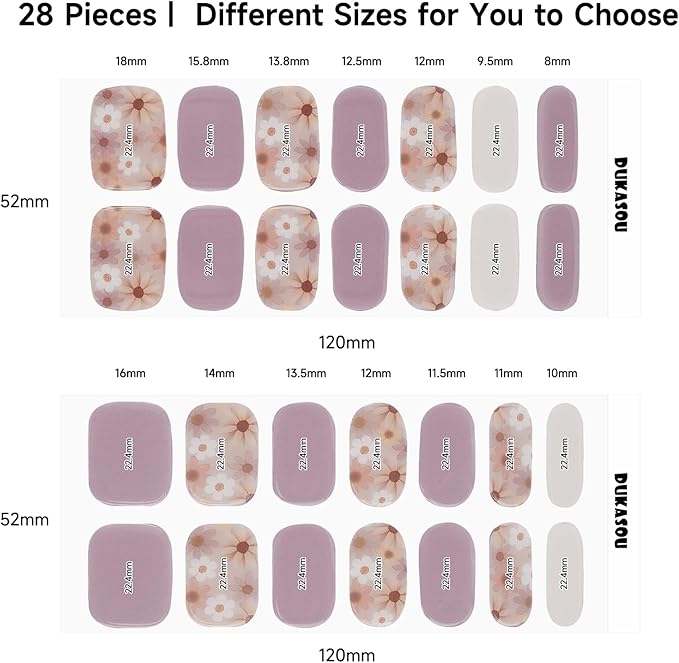 28pcs Semi Cured Gel Nail Strips, Long Lasting UV Gel Nail Stickers for Women Kit, Nails Wraps for Home DIY (Purple Flower)