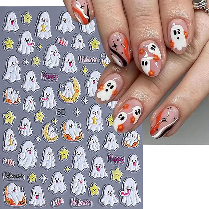 3 Sheets Halloween 5d Embossed Cute Ghost Nail Art Stickers Self Adhesive Pumpkin Spider Web Nail Decals Exquisite Star Moon Nail Design Stickers Holiday Nail Art Supplies for Women Decorations Tips