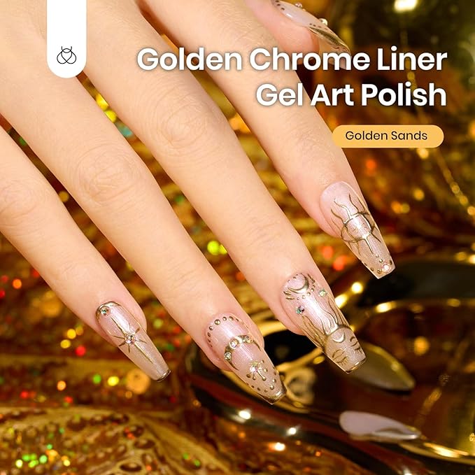 Beetles Metallic Gold Gel Liner 7ml French Tip Gel Polish 3D Mirror Chrome Effect Metal Painted Nail Polish Build in Thin Brush French Swirl Line Nail Art Soak off Uv Lamp Manicure Salon