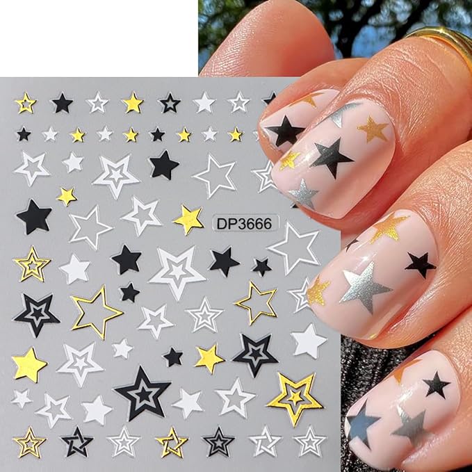 Nail Stickers for Nail Art - Gold, Silver, Black Star Heart Decals, 3D Self-Adhesive Five-Pointed Star Nail Art Supplies for Women DIY Acrylic Manicure Decoration - 6 Sheets